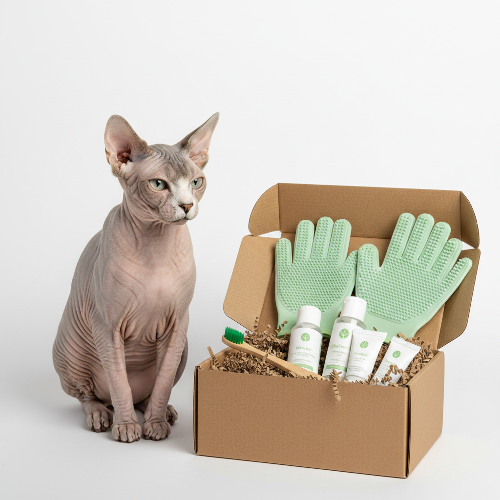 Hairless Sphynx cat with product box
