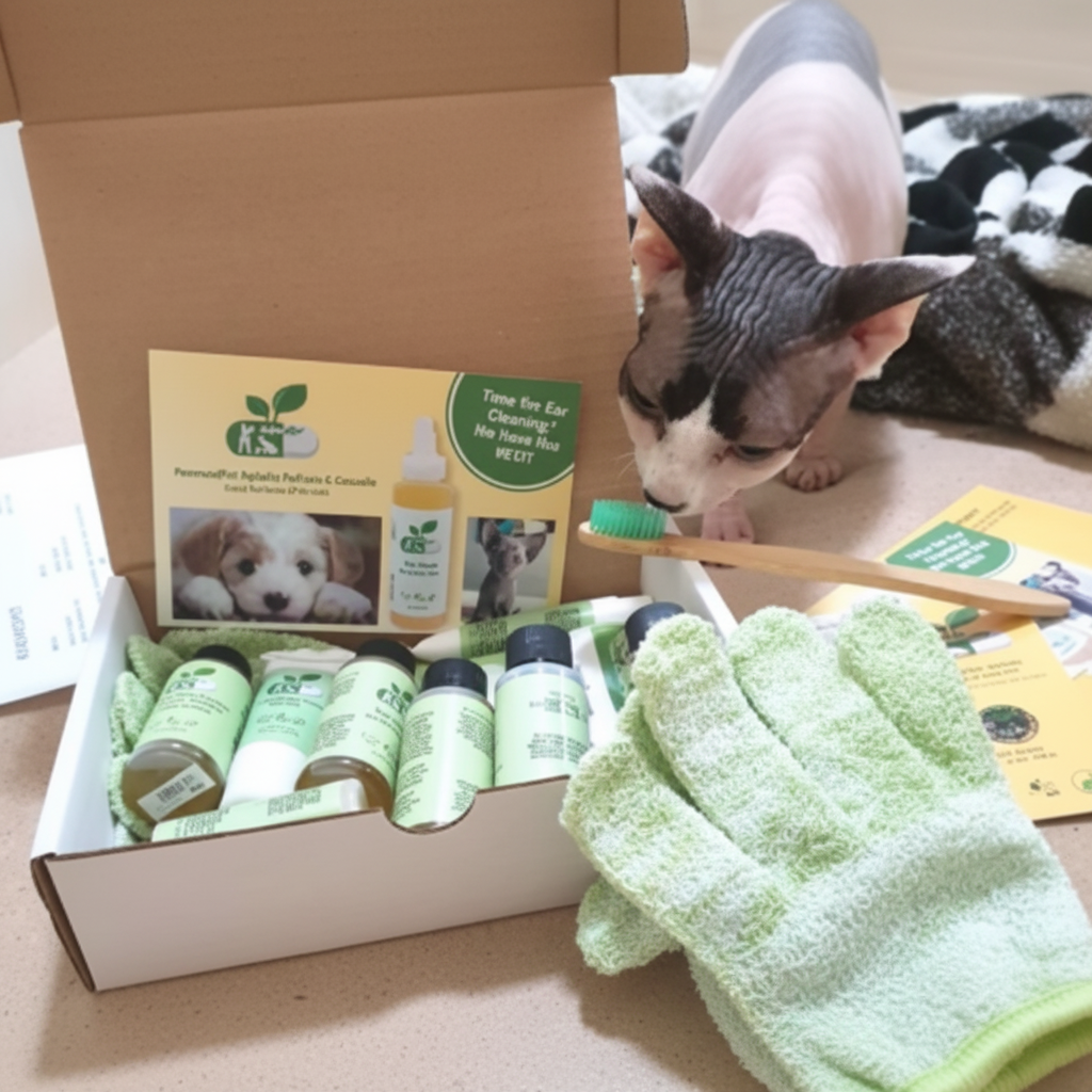 Sharpened hairless cat with grooming box